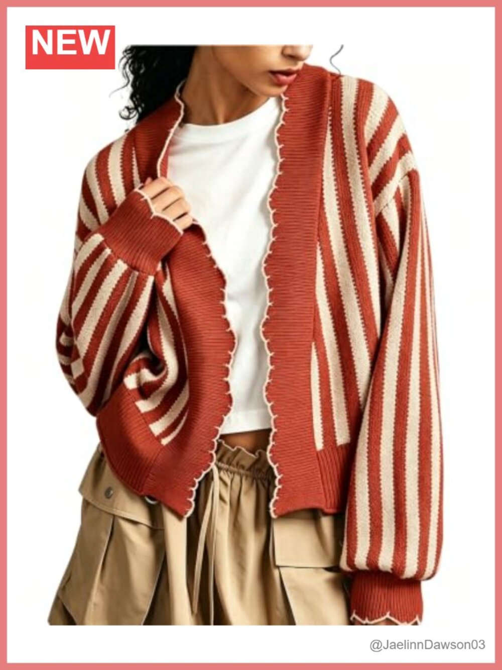 Waffle Knit Cropped Open Front Cardigan Wavy Trim Oversized